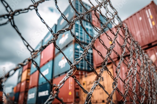 Rusty chain-link fence obscures stacked shipping containers