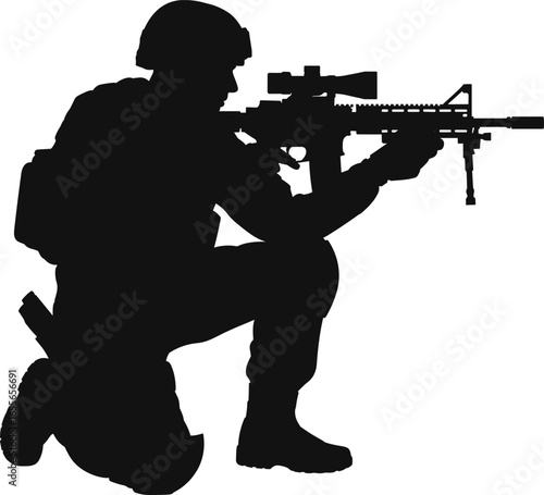 Kneeling soldier silhouette, rifle aim, tactical gear, military action, combat readiness, armed forces, defense posture, precision shooting, battlefield stance.