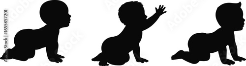Crawling baby silhouette set, infant movement poses, child development vector, parenting concept, baby care illustration, black and white design.