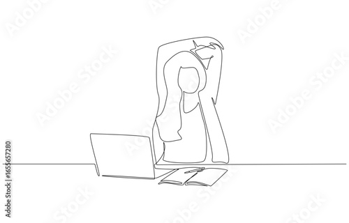 Continuous one line drawing of businesswoman stretching arms behind head at her working desk, presenting moment of relaxation during work, single line art