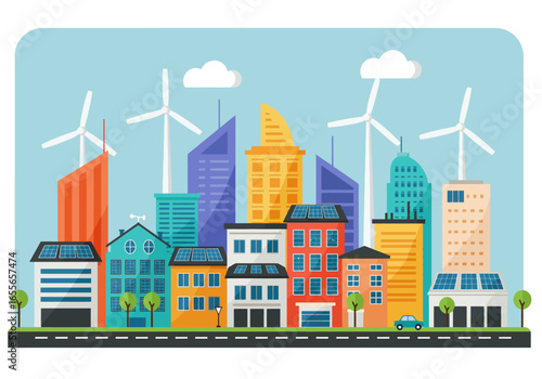 Sustainable city illustration showcasing modern urban development powered by clean renewable energy, featuring solar panels and prominent wind turbines.