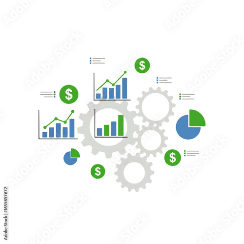 Business finance infographic with gears, charts, and dollar signs representing growth, management, and strategy