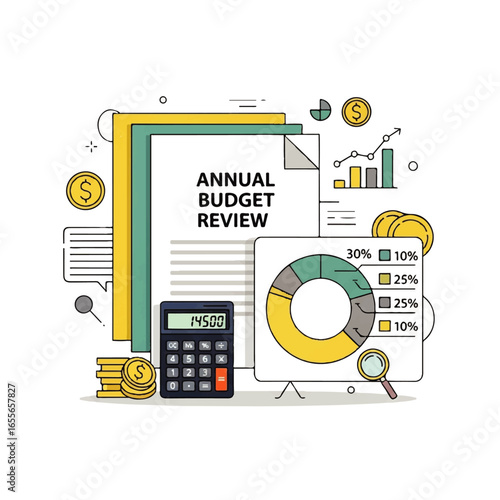 Annual budget review vector illustration featuring documents, calculator, and pie chart