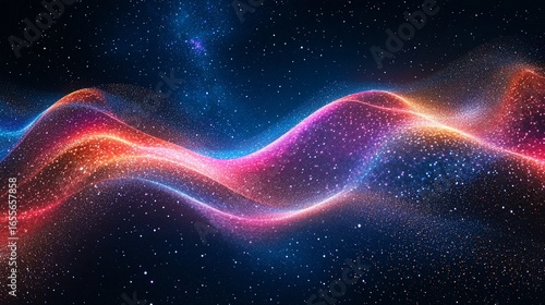 Abstract cosmic wave illustration with sparkling particles against starry backdrop