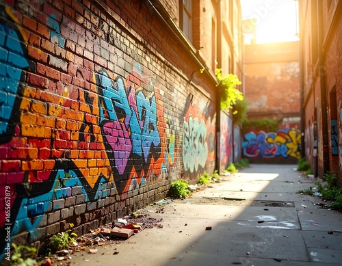 Urban alleyway with colorful graffiti