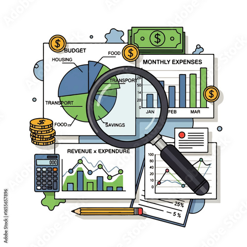 Monthly expenses and budget planning vector illustration with magnifying glass and financial documents