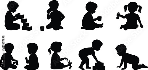 Silhouette children playing, stacking blocks, holding cups, crawling, sitting, learning, early development, educational content, indoor activity, toy interaction.
