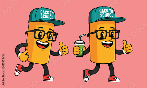 Happy cartoon juice box characters walking with green drink, red sneakers, teal caps, black arms, glasses, thumbs up, smiling faces, back to school theme, pink background, vector art