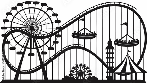 Silhouette illustration of a carnival scene with ferris wheel and roller coaster rides at night time