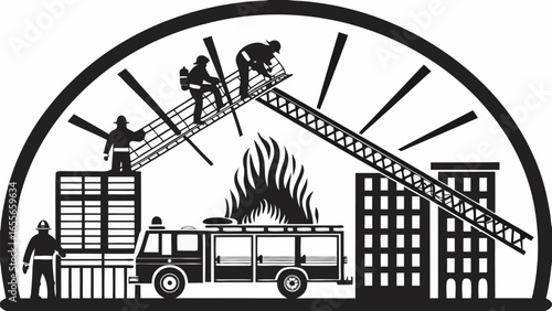 Firefighters rescuing people from burning building with fire truck and ladder in monochrome illustration silhouette