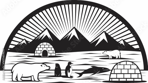 Illustration of arctic scene with polar bears penguins igloos mountains and sun rays in black and white silhouette