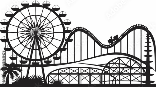 Silhouette illustration of a ferris wheel, roller coaster, palm tree, and grass in a park setting
