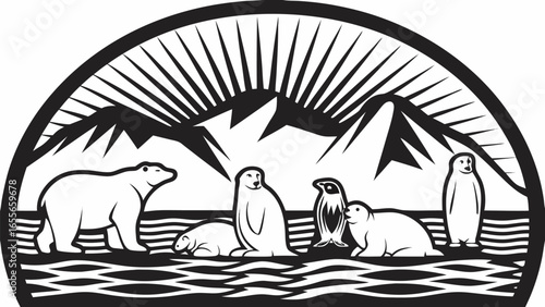 Illustration of arctic animals including a polar bear seals and penguins with mountains and sun rays behind them silhouette