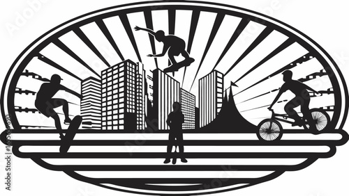 Silhouette illustration of skateboarders and a cyclist in an urban setting with buildings and sun rays