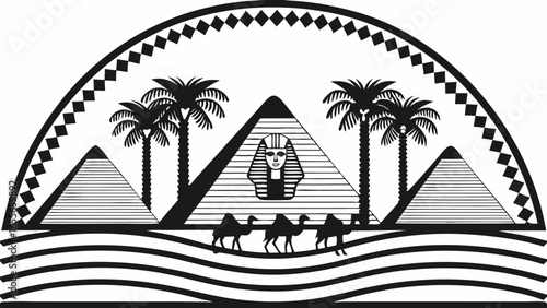 Illustration of egyptian landscape with pyramids, sphinx, camels, palm trees and decorative border silhouette
