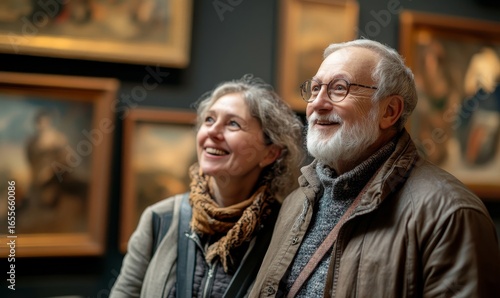 Elderly couple attending a museum exhibition, engaging in cultural outings and appreciating various artworks, immersing themselves in the beauty of art during their travels, Generative AI