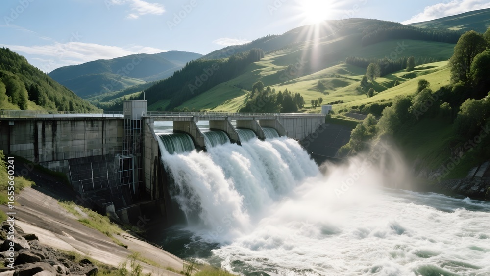 Fototapeta premium Hydroelectric Dam Releasing Water into a River Valley
