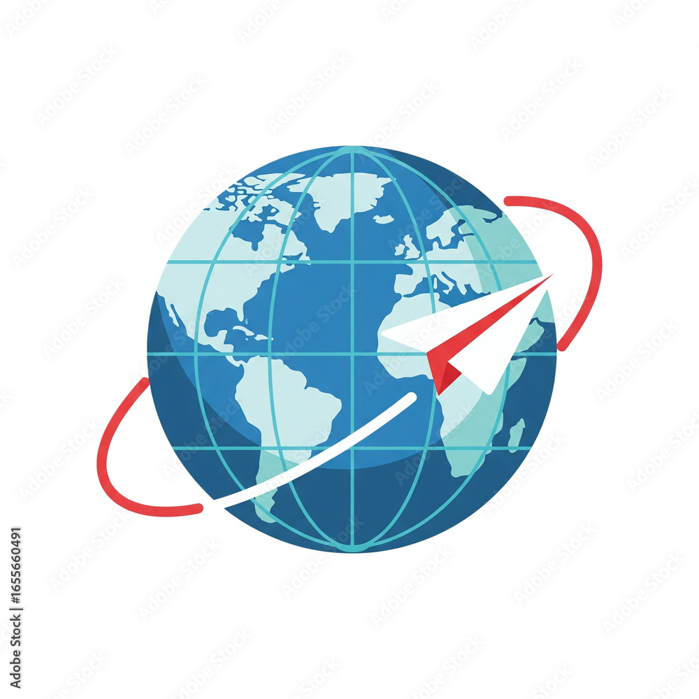 Fototapeta premium Flat vector icon of a globe with a red and white paper airplane circling it, symbolizing international communication and connectivity. AI Generative.