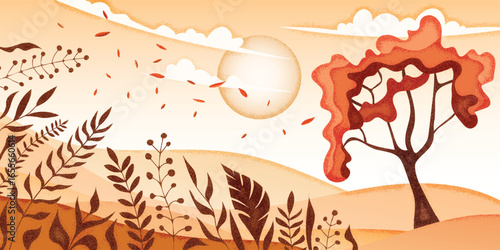 Autumn stylized landscape, minimalistic landscape, noisy texture, vector illustration