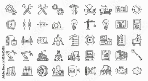 Vector icon set of robotics engineering | including robotic arm, humanoid robot, AI chip, servo motor, gears, control panel, assembly line robot, sensor module, remote controller