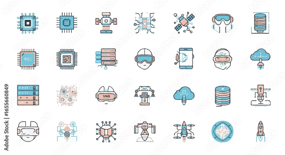 Fototapeta premium Vector icon set of robotics engineering | including robotic arm, humanoid robot, AI chip, servo motor, gears, control panel, assembly line robot, sensor module, remote controller