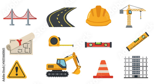 Vector civil engineering and construction icons set | including bridge, road, crane, helmet, blueprint, measuring tape, level tool, excavator, safety cone, building structure