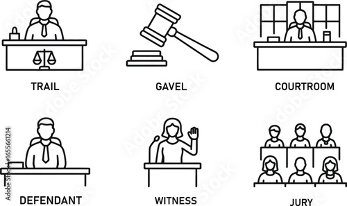 Set of Courtroom Illustration Vector — Icons Depicting Trial, Gavel, Defendant, Witness, Jury, and Legal Proceedings in Minimal Line Style