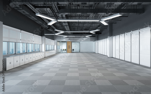 Modern open space office with industrial ceiling design and stylish LED lighting decor gray carpet tiles and white storage  empty exhibition with meeting room for co-working space in 3D rendering.