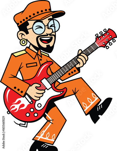 Cartoon musician character playing electric guitar, funny guitarist in stylish outfit, retro rock music illustration, creative entertainment vector design for music themed artwork