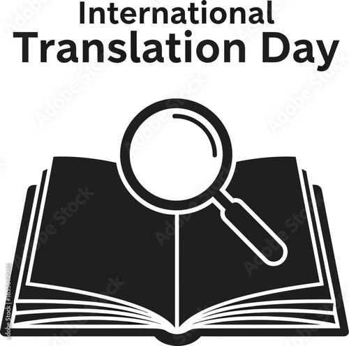 International Translation Day concept with open book and magnifying glass illustration