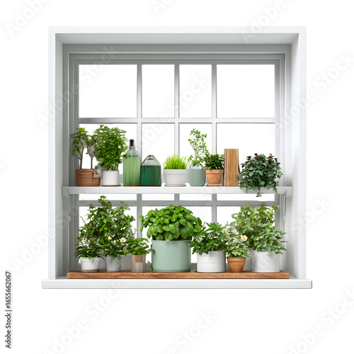 Indoor herb garden on window sill, isolated on white background