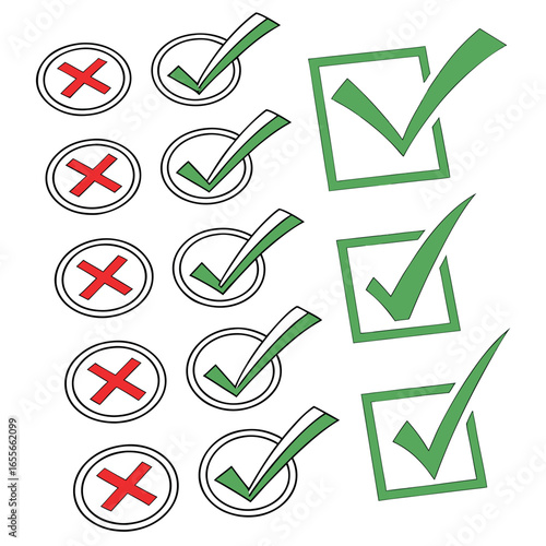 Correct and incorrect vector check mark buttons, tick symbols, and approved signs