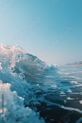 Close-up view of a powerful ocean wave cresting, with foamy white water and a deep blue ocean