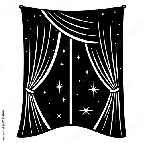 Curtain opening with sparkles silhouette vector illustration 