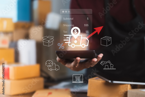 Online seller analyzing rising shipping costs on tablet with logistics icons for delivery pricing, tax, and automation in e-commerce operations