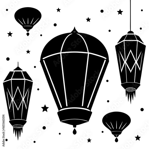 Festival lanterns floating in the sky silhouette vector illustration