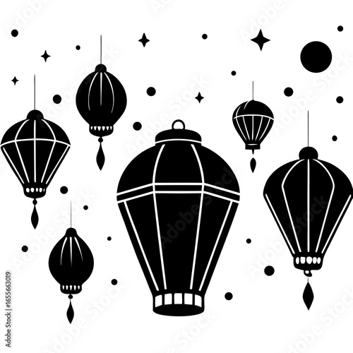 Festival lanterns floating in the sky silhouette vector illustration