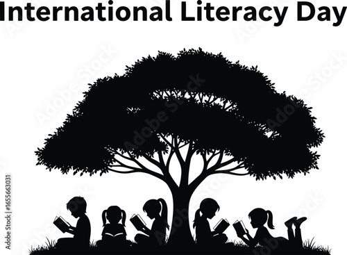 International literacy day illustration with children reading under a tree to promote education and reading