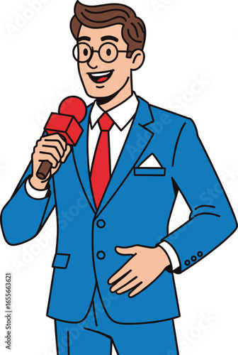 Professional male news reporter character in blue suit with microphone, confident smile, business attire, journalism concept, vector illustration for media, communication, broadcasting