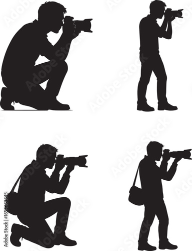 Professional Photographer Silhouette Collection Camera Man Posing Shooting Standing and Kneeling with DSLR Camera for Photography Creative Design Branding