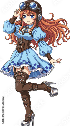 Steampunk anime girl character in blue dress, wearing goggles, corset, and high heels, stylish fashion vector, fantasy cosplay, isolated, detailed design