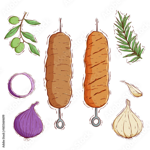 set of skewer barbeque with onion, tomato and paprika