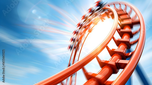 Thrilling rollercoaster ride soaring through bright blue sky, evoking fun, excitement, and adventure