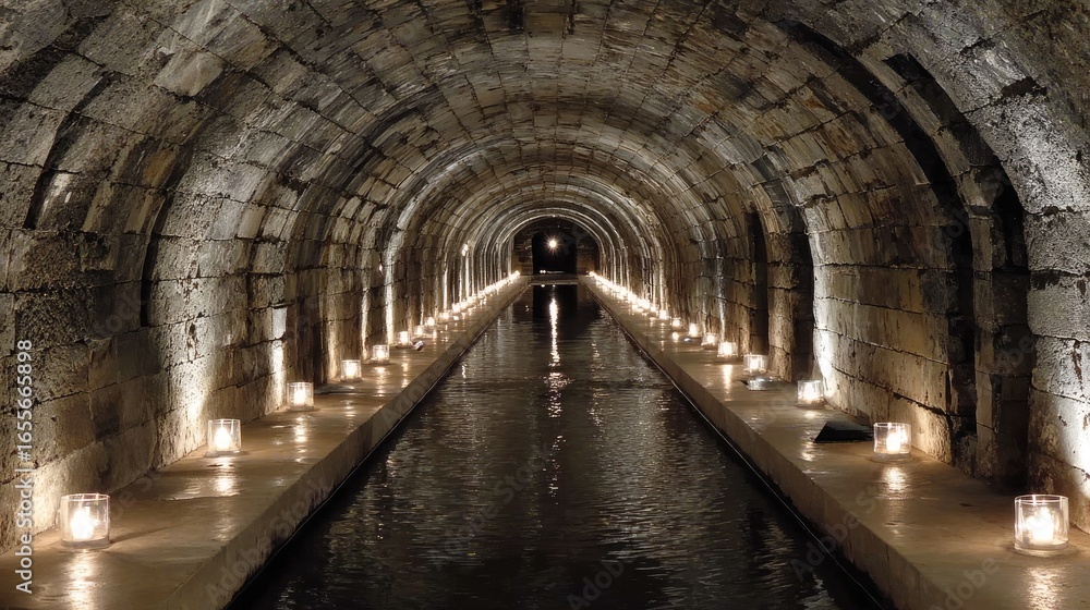 Fototapeta premium Ancient stone tunnel, water canal, lit by candles
