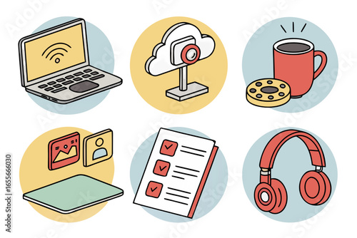 Collection of isometric icons representing technology and business on colored circles