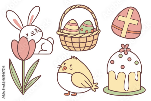 Easter holiday elements bunny, chicken, eggs in basket, tulip, cake, cross