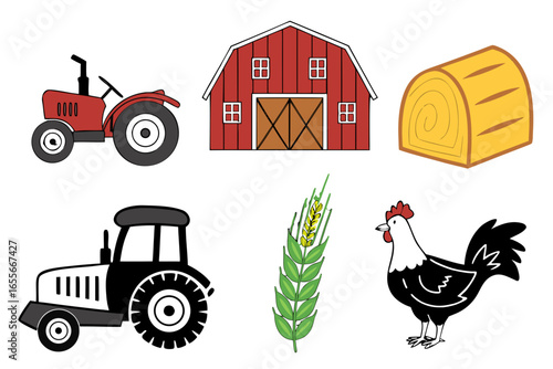 Farm elements including tractors, barn, hay, wheat, and chicken