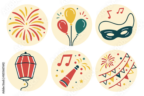 Circular festive elements like fireworks, balloons, mask, music notes, lantern, party popper and garland