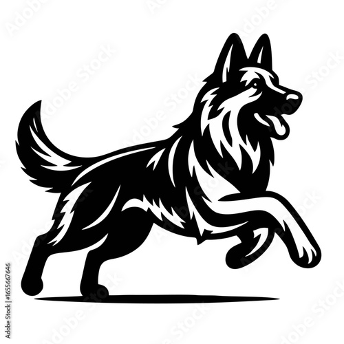 Black and White Silhouette of a Running German Shepherd
