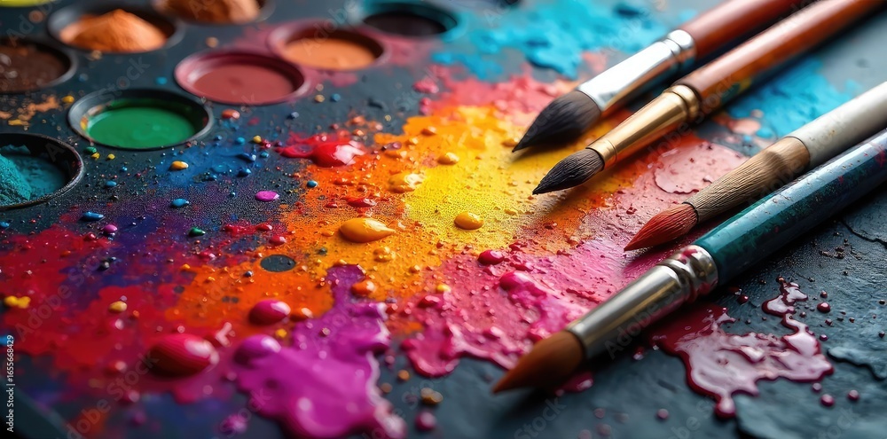 Obraz premium Vibrant Artists Palette Oil Paints and Brushes Ready for Creative Work